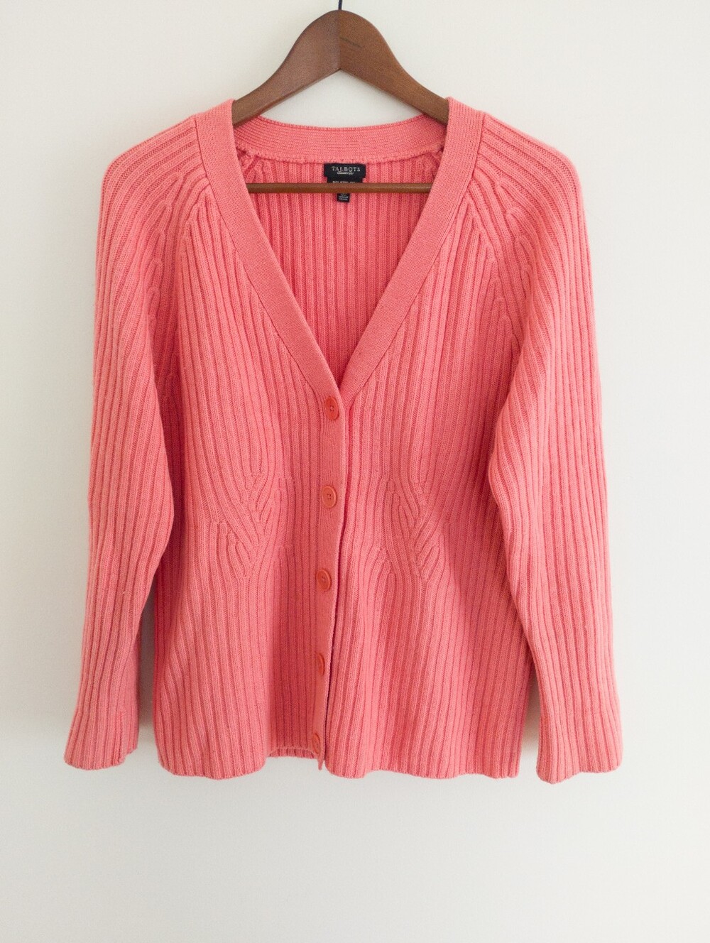 Talbots 100% Pure Merino Wool V-Neck Ribbed Cardigan Sweater Coral Pink Large